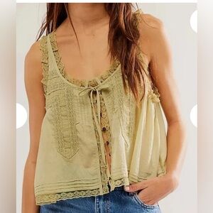 Boho Lace-Trim Camisole Tank Top - Olive Green